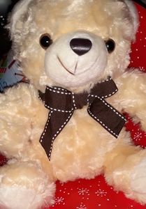 TOY TEDDY BEAR TOY  Stuffed Animal Cream Lt Tan w Brown Bow and Big Smile NEW